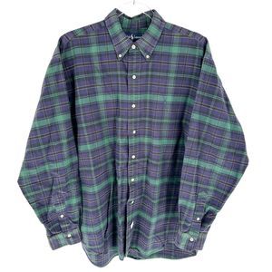 Ralph Lauren Shirt Mens Large Blue Green Plaid 100% Cotton Button Down Preppy